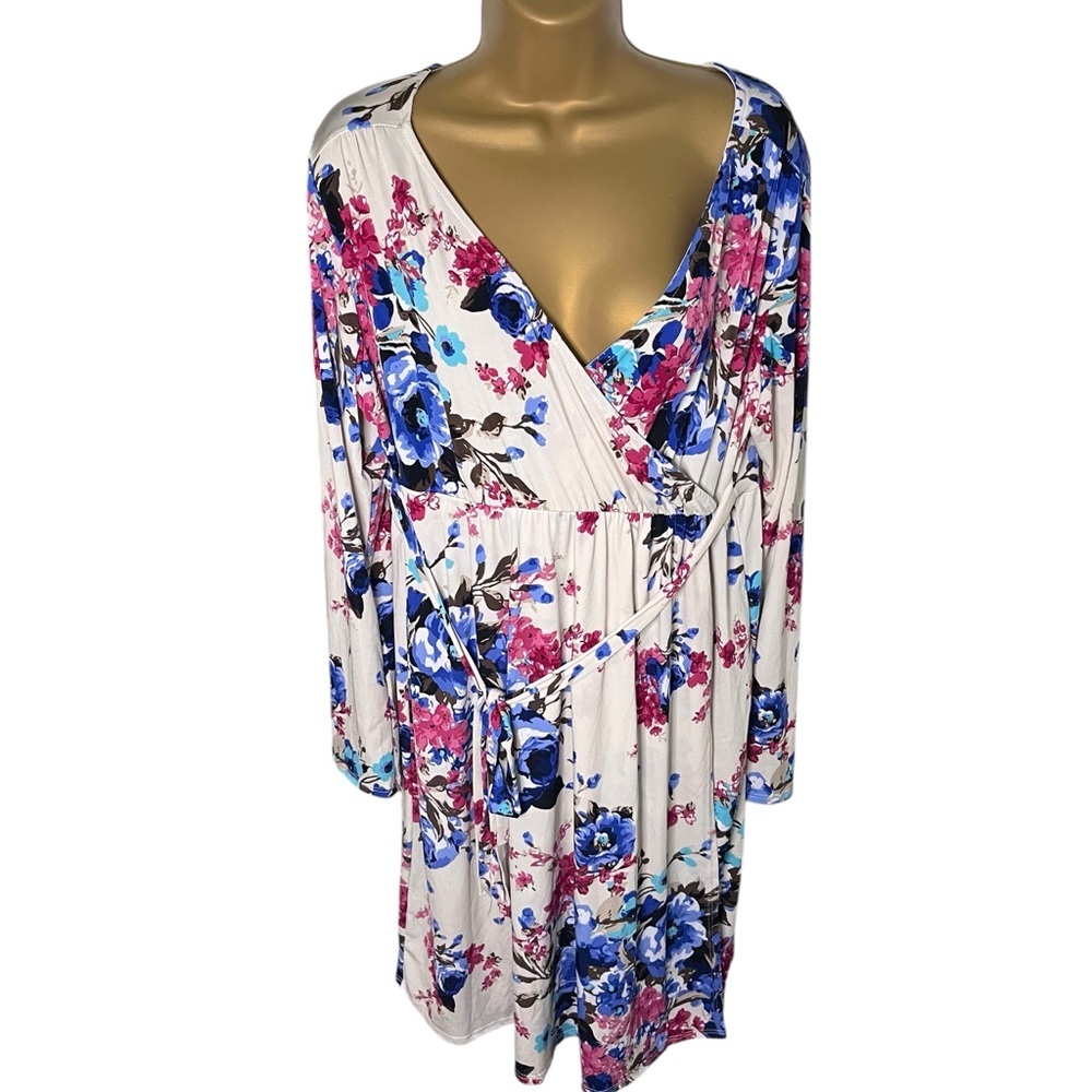 PinkBlush Floral Faux Wrap Maternity Dress Stretch Long Sleeve Beige Blue M/L